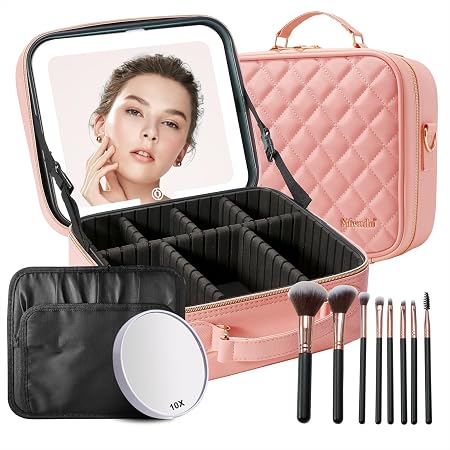 Travel Makeup Organizer with LED Lighted Mirror
